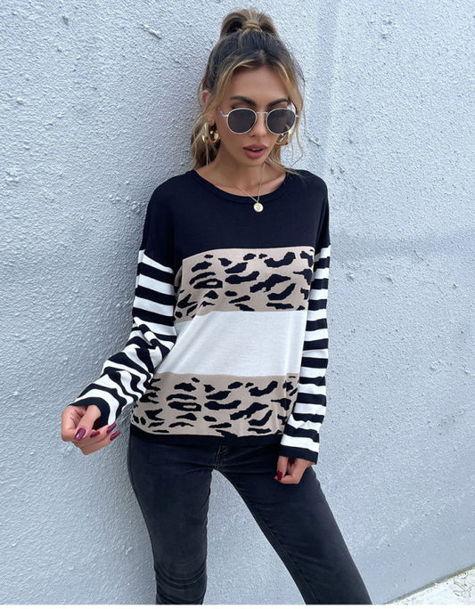 women's loose round neck pullover black and white leopard print sweater