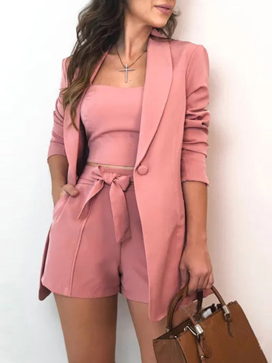 Women's Solid Color Three-piece Suit Long Sleeve Blazer Matching Tank Top And Shorts