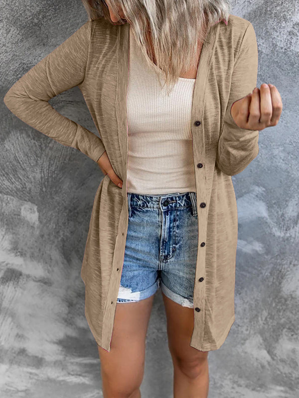 Women’s Solid Color V Neck Long Sleeve Button Front Longline Cardigan