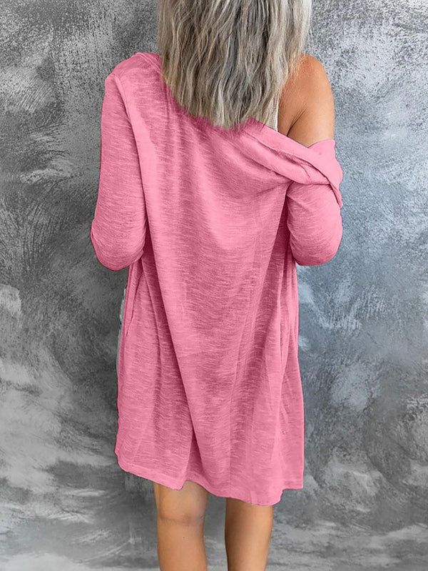 Women’s Solid Color V Neck Long Sleeve Button Front Longline Cardigan