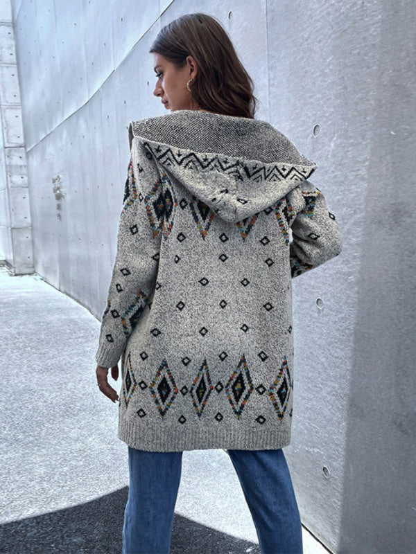 Women's Printed Open Front Knit Hooded Longline Cardigan Sweater