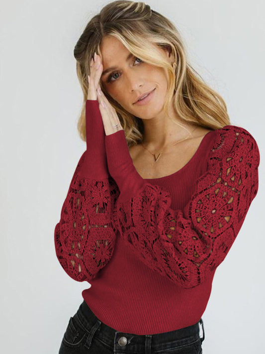 Women's Solid Color Lace Puffed Sleeves Chic French Cuffs Scoop Neck Knit Top