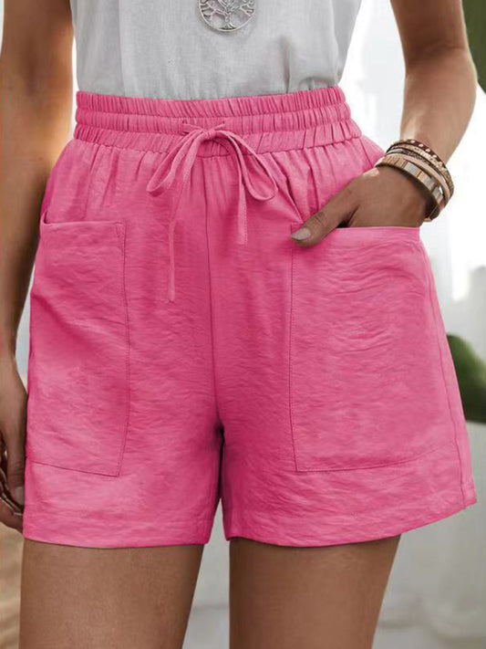Women's Solid Color Drawstring Frayed-hem Shorts