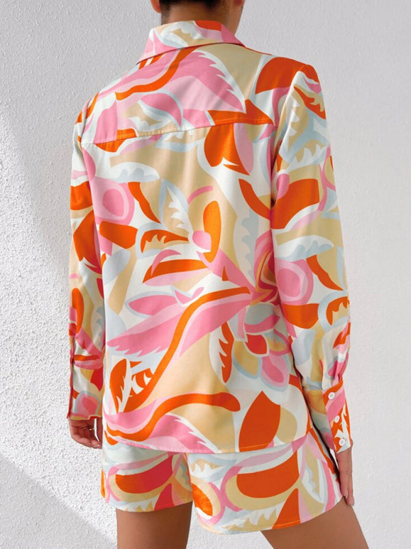 Women’s Print Tie Front Long Sleeve Shirt With Matching Shorts