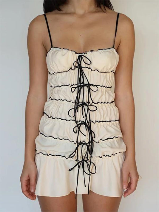New bow strap sexy suspender dress pleated elastic strap hot girl mini skirt