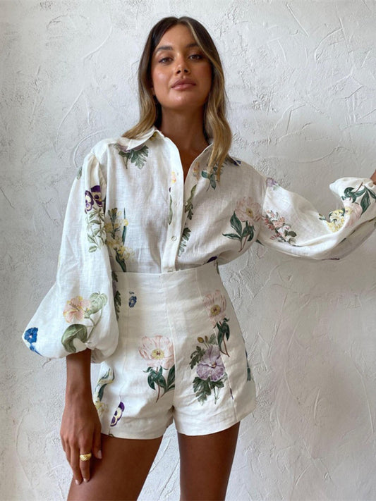 New style fresh floral ladylike temperament commuter long-sleeved shirt top high-waisted shorts suit