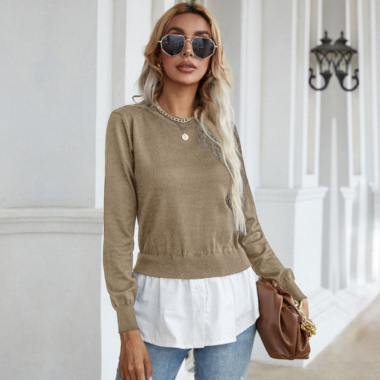 women's slim knitted stitching shirt fake two-piece sweater