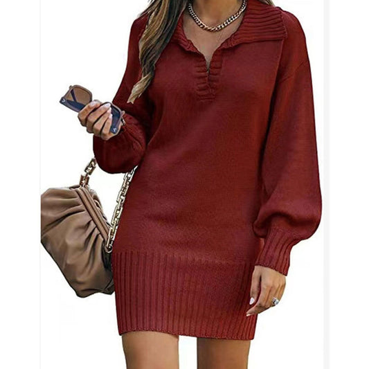 New women's sweater mid-length skirt lapel lantern sleeve pullover loose knitted sweater